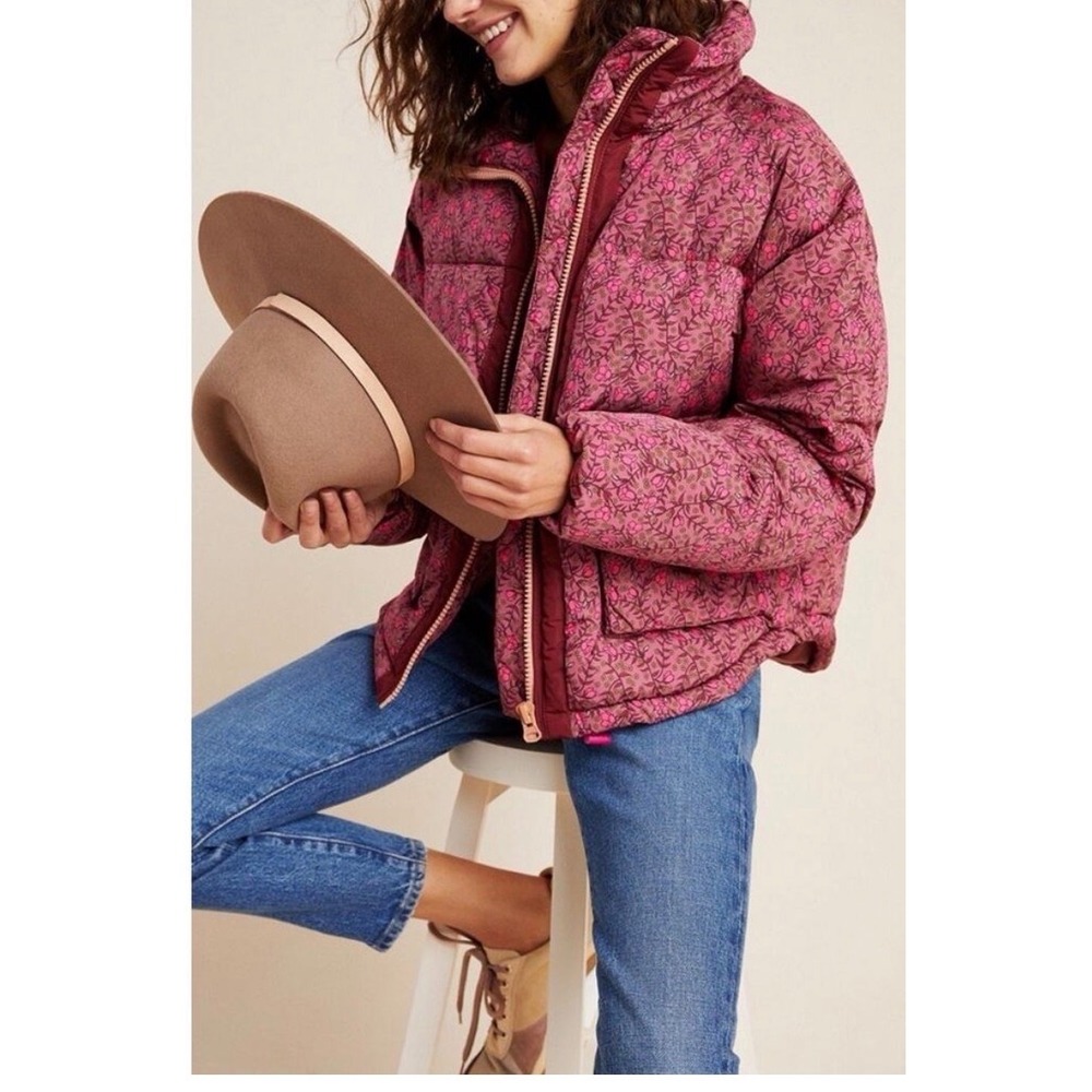 Anthropologie Numph Lillie Floral Puffer Jacket Pink Purple Botanical Quilt Coat